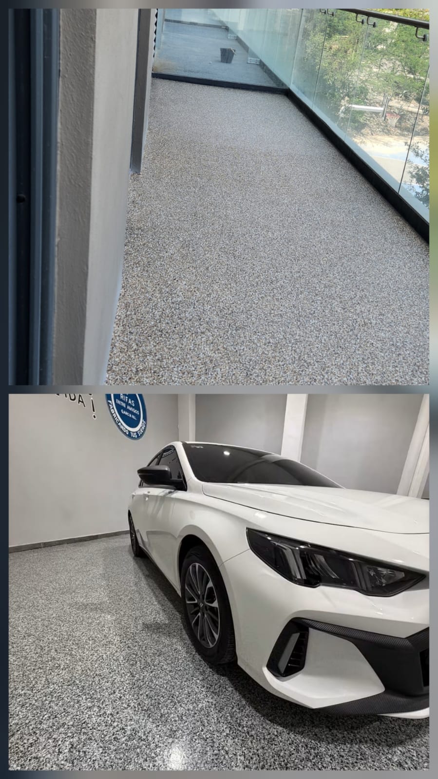 Balcón con piso de hojuela y cochera